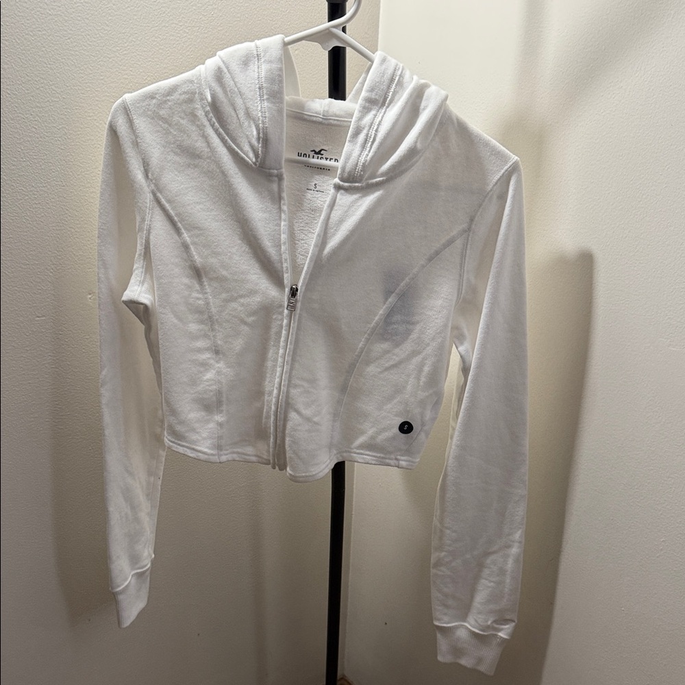 Hollister White Cropped Zip Hoodie